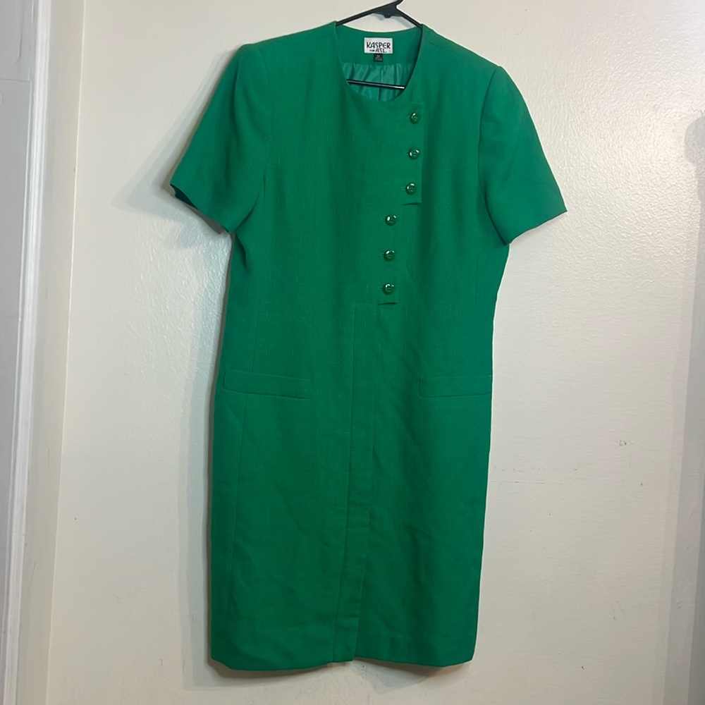 Vintage Kelly Green Kasper Short Sleeve Midi Dress 80s Button Detail Large 14